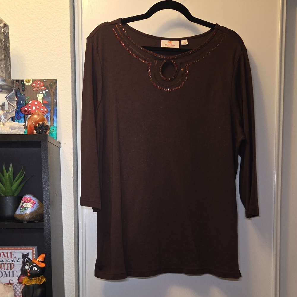 Quacker Factory Brown Quarter Length Sleeve Sequin Top Size Large